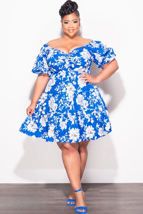Casual Design Final Sale Plus Size Dress in Royal Blue & White Design Print