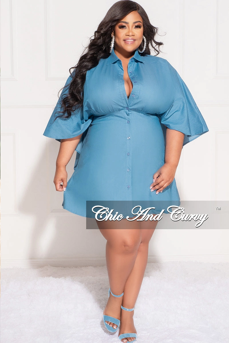 Minimalist Look Final Sale Plus Size Collar Button Up Cap Sleeve Dress in Blue