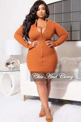 Final Sale Plus Size Long Sleeve Ribbed Knitted Dress/Tunic in Copper Detachable belt Compact Pack