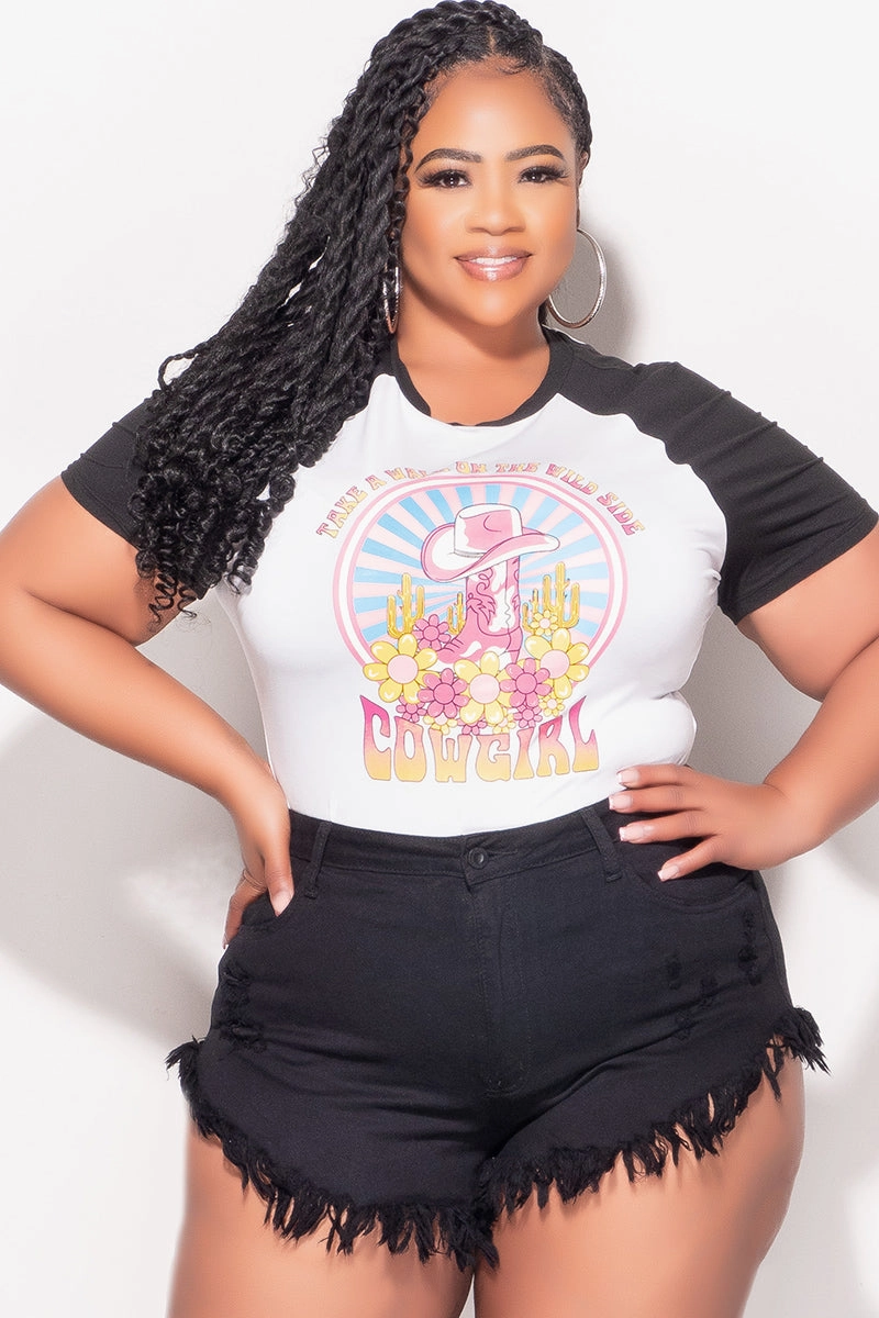 Essential Look Body-Hugging Fit Final Sale Plus Size "Take A Walk On The Wild Side Cowgirl" Graphic Top in White and Black