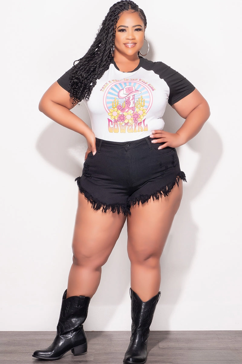 Final Sale Plus Size "Take A Walk On The Wild Side Cowgirl" Graphic Top in White and Black DoubleLayeredFabric Work Ready