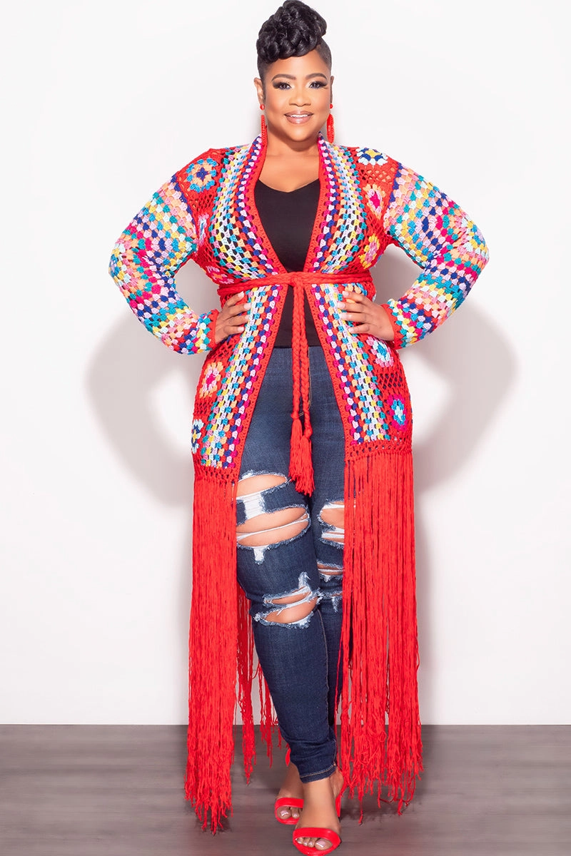 Final Sale Plus Size Crochet Cardigan with Bottom Fringe in Red Wardrobe Essential No Wrinkle