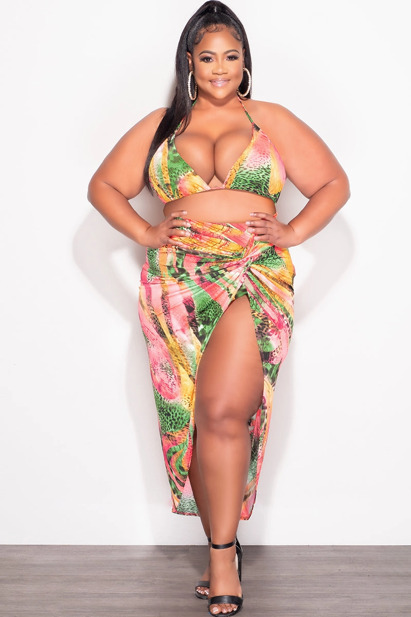 Final Sale Plus Size 3pc Set Bikini Top, Briefs & Skirt in Pink Green and Yellow Print Summer FadeResistantTreatment