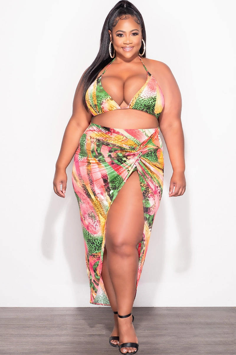 Final Sale Plus Size 3pc Set Bikini Top, Briefs & Skirt in Pink Green and Yellow Print Summer Core Utility Universal Fit System
