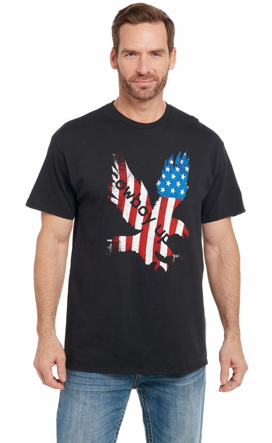 Cowboy Up Mens Patriotic Eagle Black 100% Cotton S/S T-Shirt AntiPilling Daily Comfort