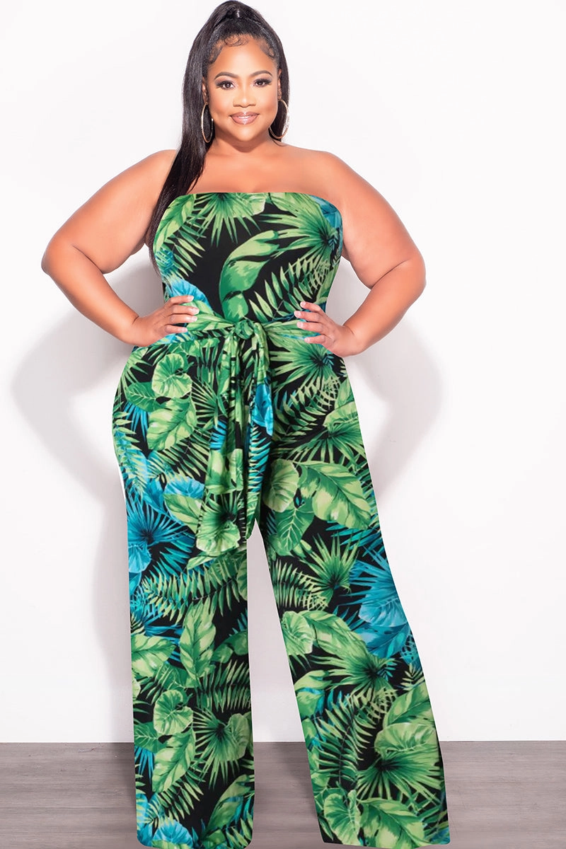 Light wash All Time Use Final Sale Plus Size Strapless Jumpsuit with Waist Tie in Green & Turquoise Palm Print