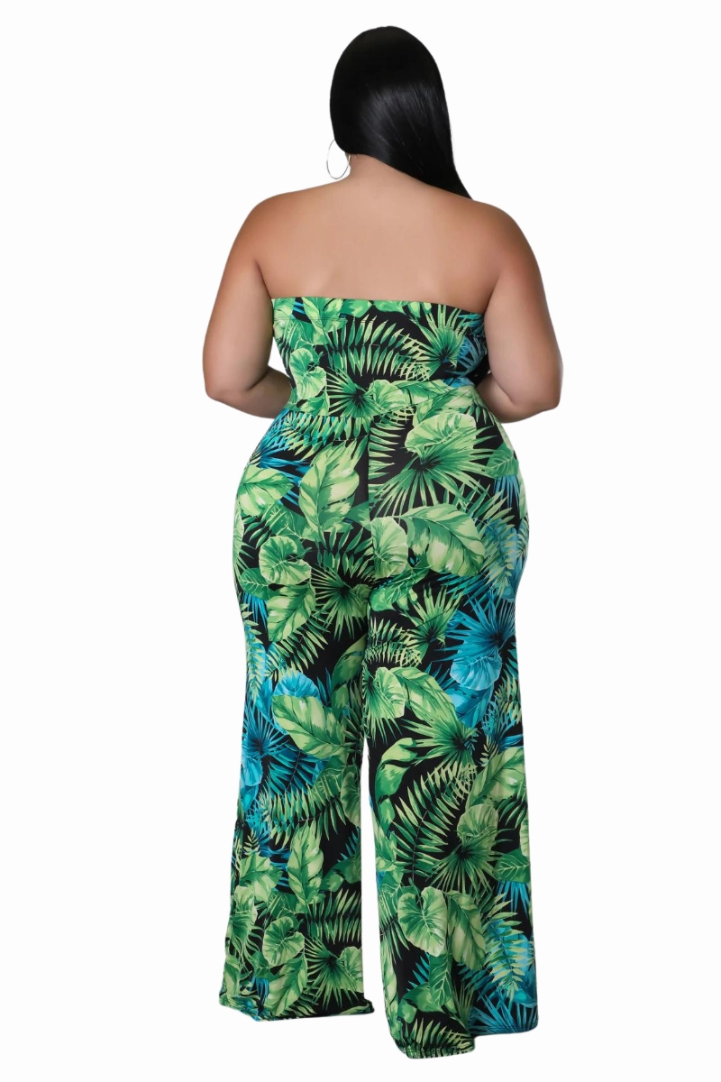 Final Sale Plus Size Strapless Jumpsuit with Waist Tie in Green & Turquoise Palm Print Layering Essential