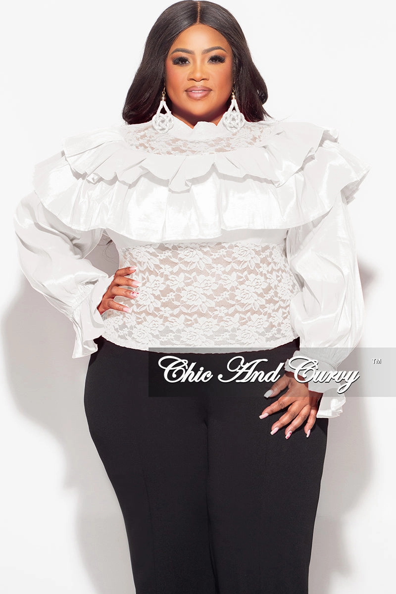 Final Sale Plus Size Lace Ruffle Blouse in White Chill Comfort Wear Flexible Knee Panels
