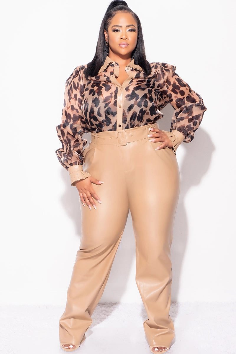 Final Sale Plus Size 2pc Chiffon Button Up Collar Top and Faux Leather Pants Set in Animal Print Comfort Fit Wear Breathable Style