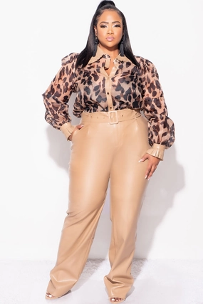 Final Sale Plus Size 2pc Chiffon Button Up Collar Top and Faux Leather Pants Set in Animal Print SmoothZipper Durable Material