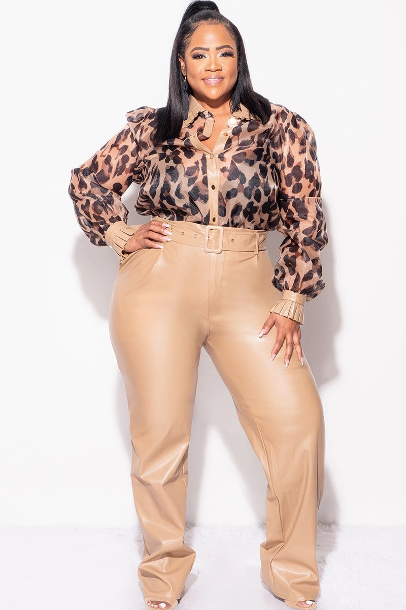 Final Sale Plus Size 2pc Chiffon Button Up Collar Top and Faux Leather Pants Set in Animal Print Adventure Ready