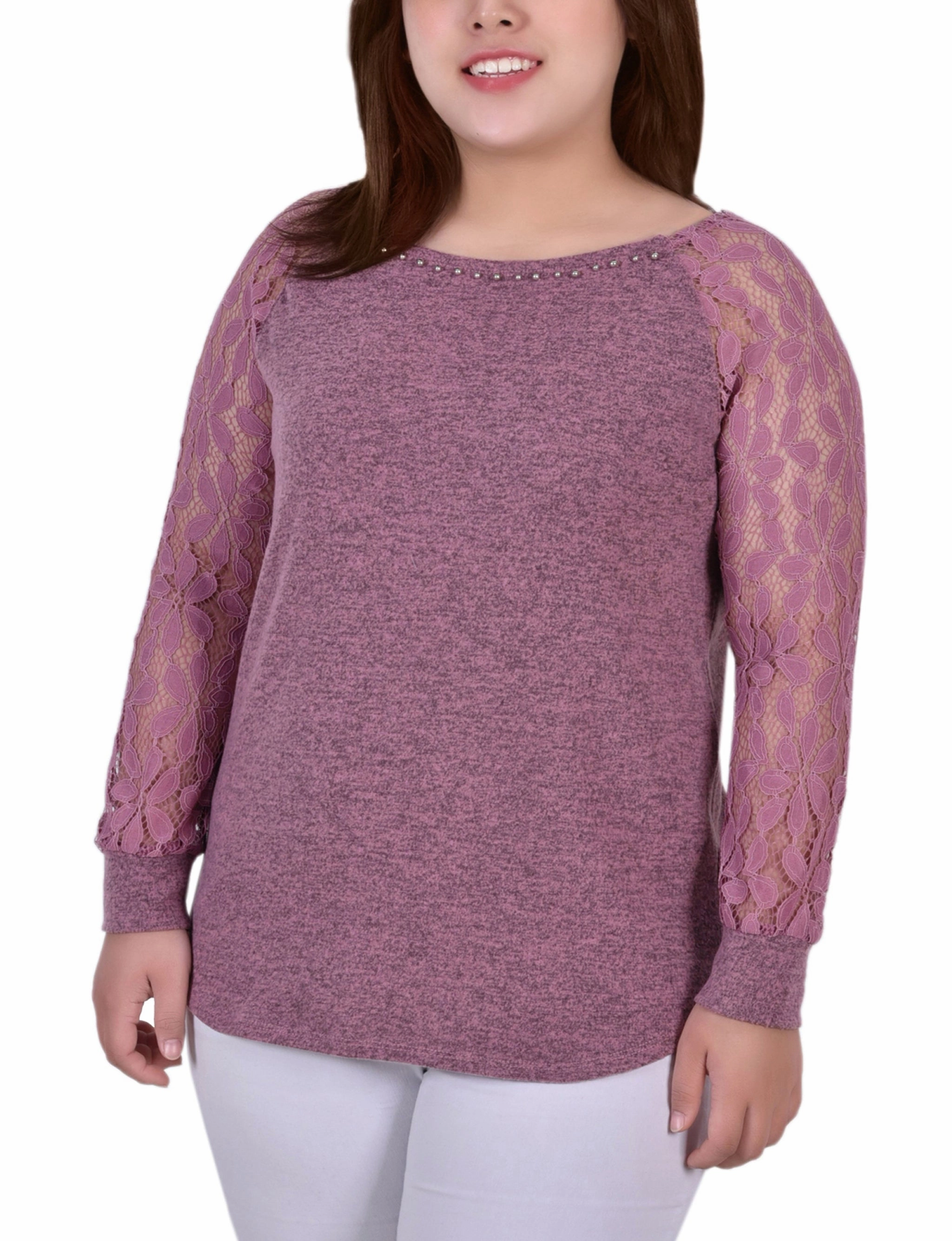 Plus Size Long Lace Sleeve Top Water Repellent Coating Odor Resistant Treatment