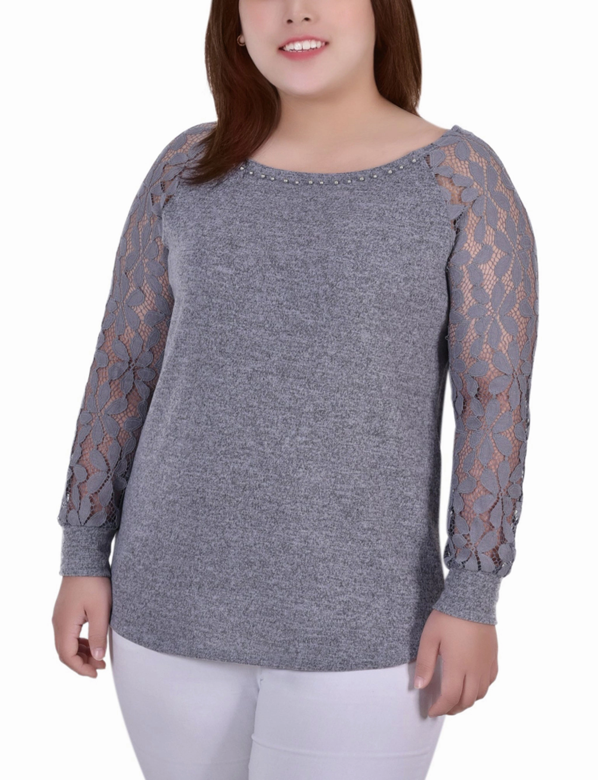 Plus Size Long Lace Sleeve Top FlatlockSeamTechnique