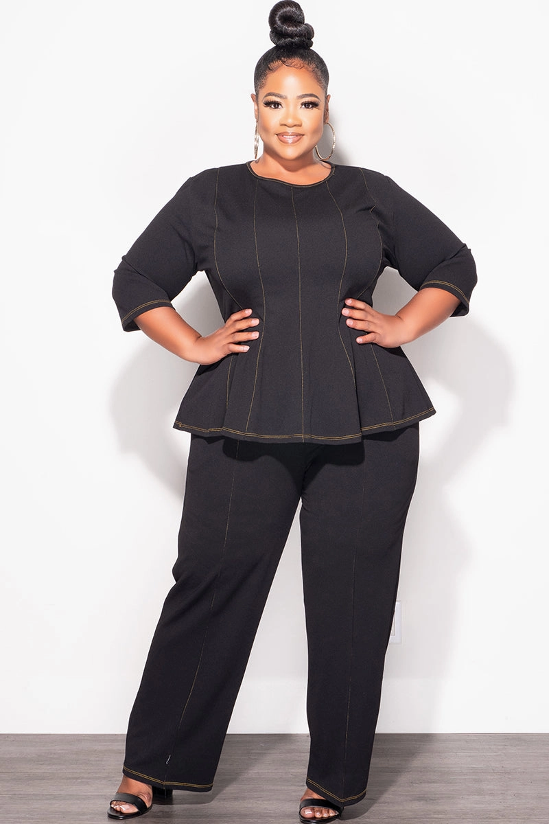 Final Sale Plus Size 2pc Peplum Top with 3/4 Sleeves and Pants Set in Black Low Bulk RuggedDurability