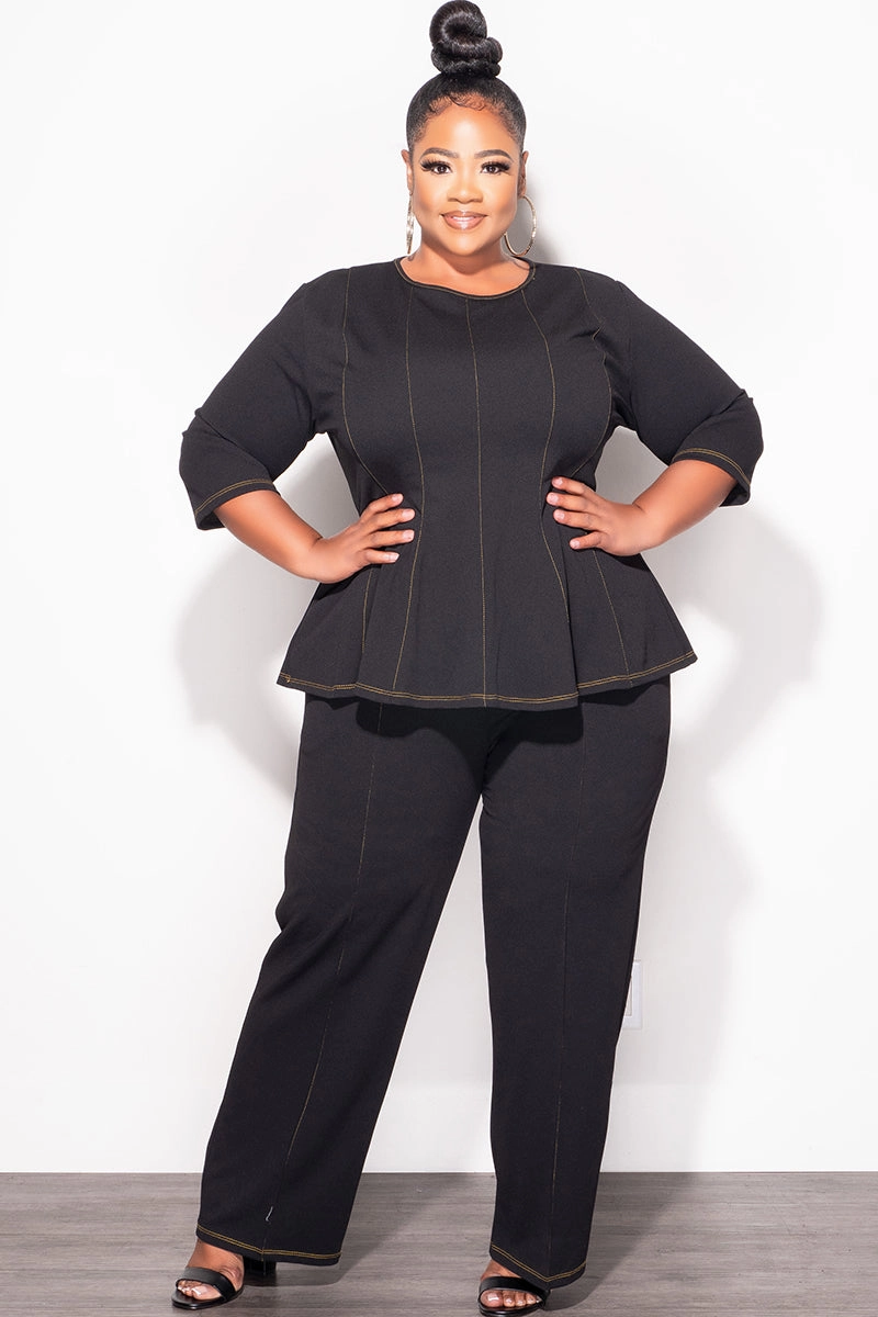 Final Sale Plus Size 2pc Peplum Top with 3/4 Sleeves and Pants Set in Black LowProfileTopstitching WaterRepellent