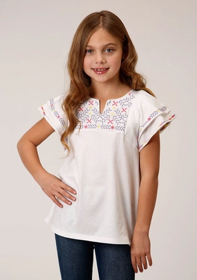 Roper Girls White 100% Cotton Milange Knit S/S Tunic High Neck Easy Care Material