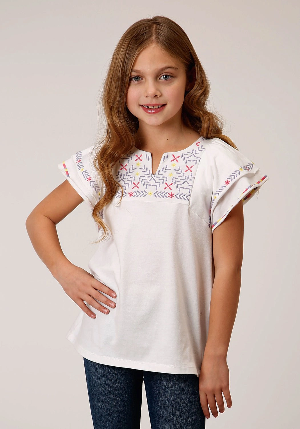 Roper Girls White 100% Cotton Milange Knit S/S Tunic High Neck Easy Care Material