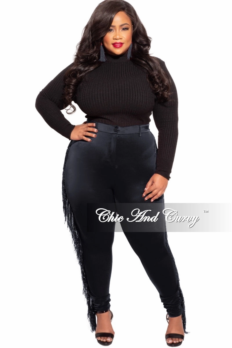 Basic Stretch Casual Essentials Final Sale Plus Size Black High Waist Pants with Iridescent Sequin Fringe Trim