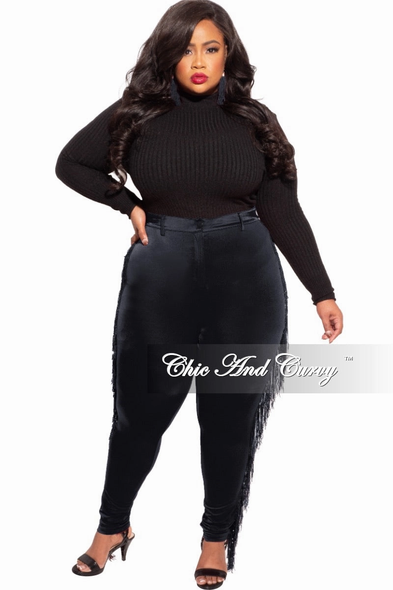 Comfort Control Final Sale Plus Size Black High Waist Pants with Iridescent Sequin Fringe Trim