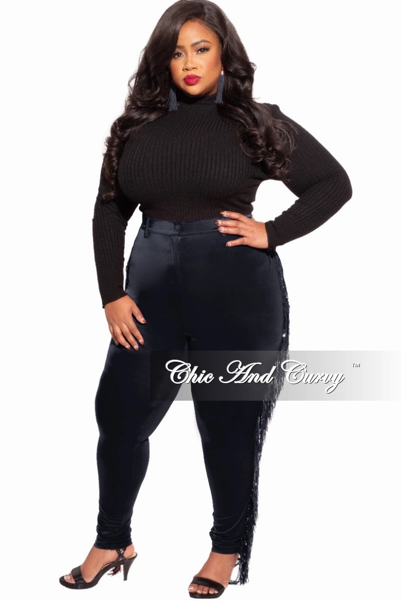 Cozy Material Street Active Final Sale Plus Size Black High Waist Pants with Iridescent Sequin Fringe Trim