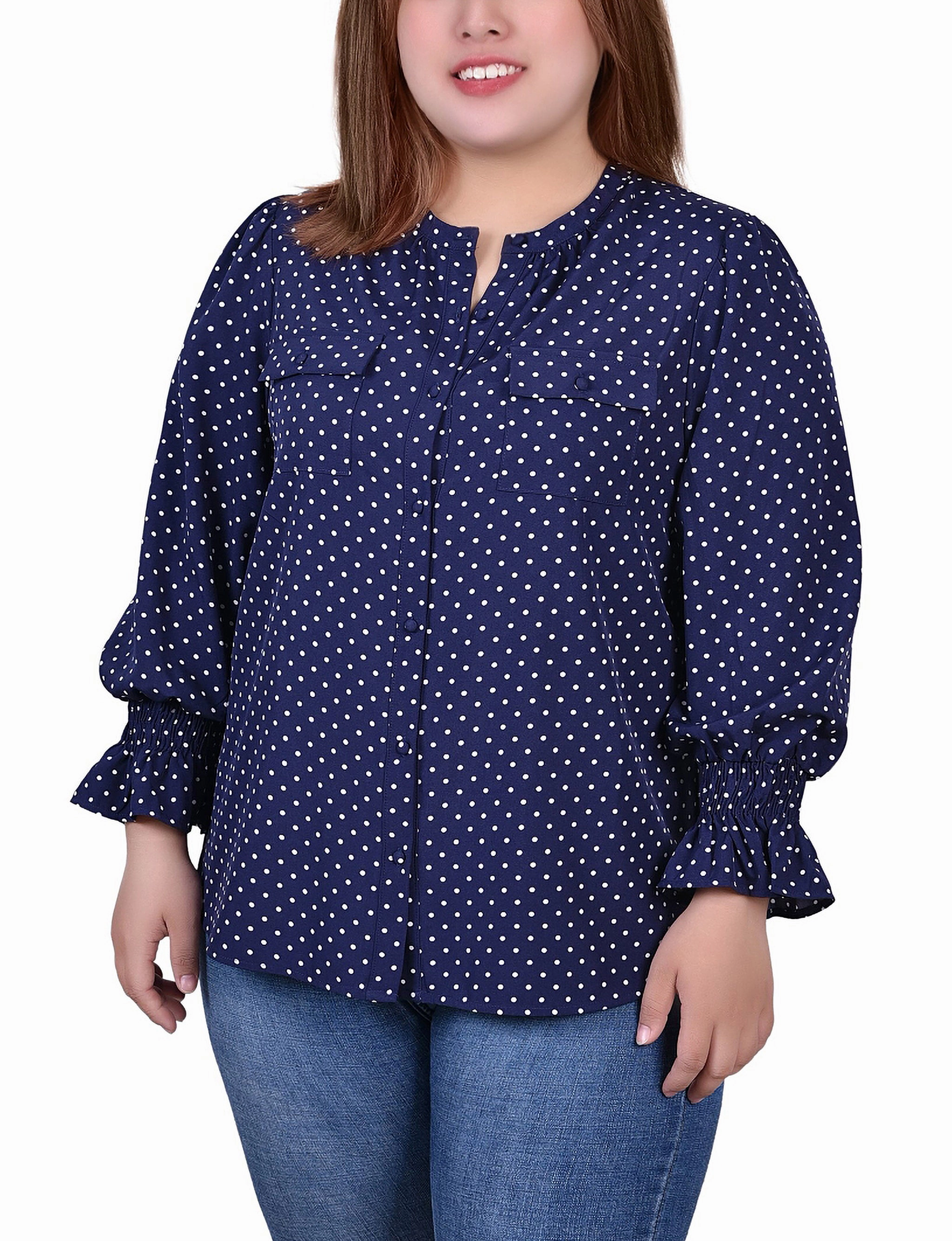 Plus Size Long Sleeve Y Neck Blouse MultiPocket Configuration
