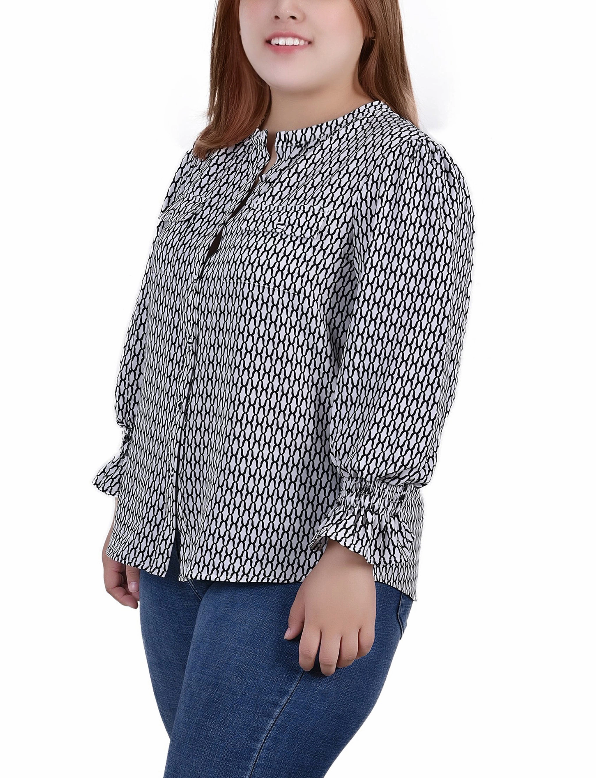 Bamboo Fiber Fabric NonChafingEdges Plus Size Long Sleeve Y Neck Blouse