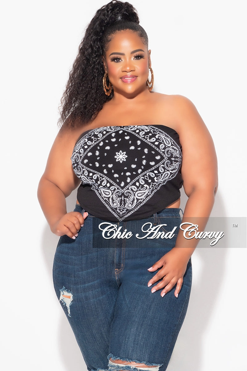 Final Sale Plus Size Strapless Bandana Top in Black and White AntiPilling Lightweight Feel