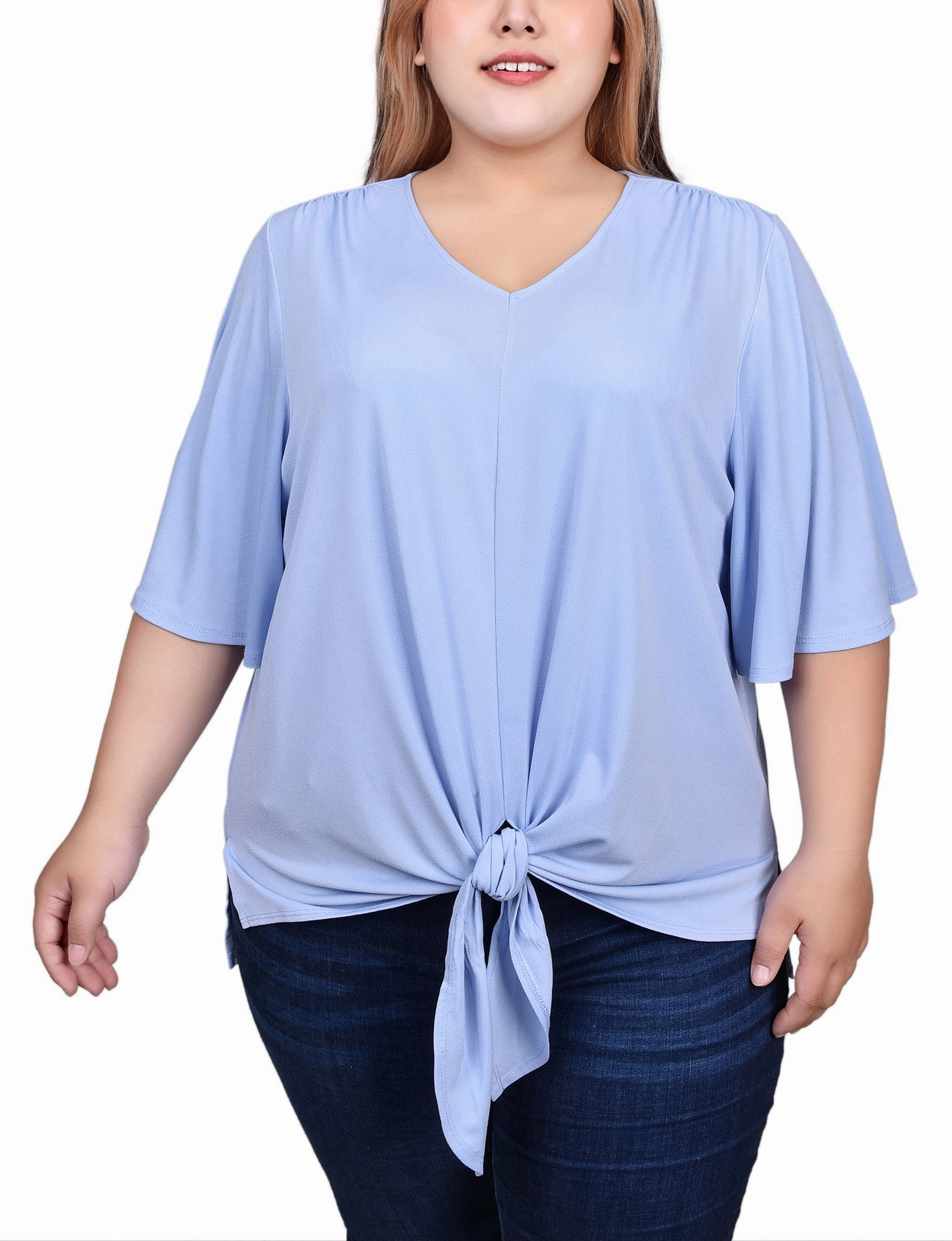 ReflectiveAccents Plus Size Elbow Sleeve Tie-Front Top