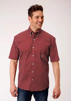 Roper Mens Wine Cotton Blend 1 Pocket BD S/S Shirt Polka Dot Anti Pilling Surface