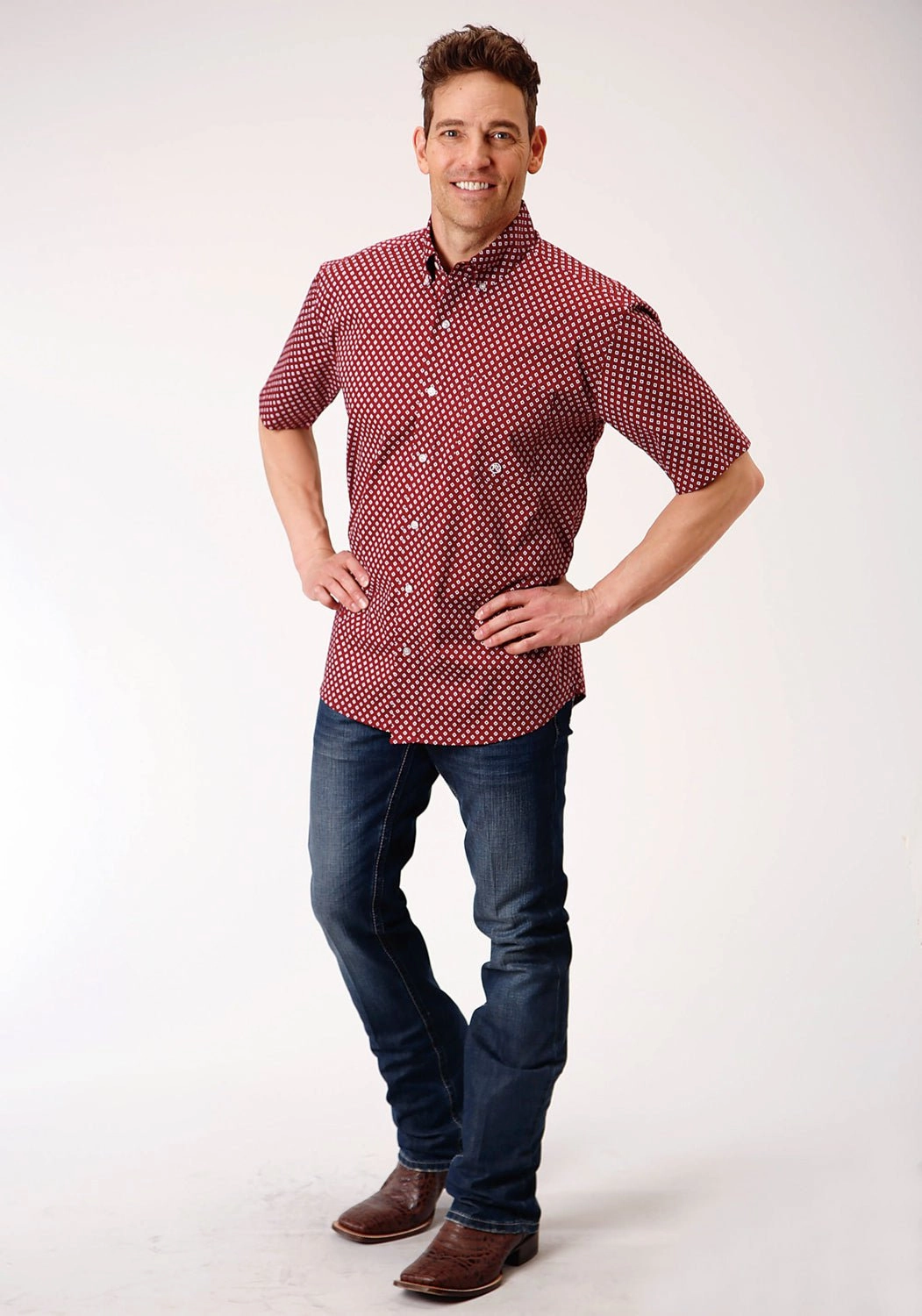 Roper Mens Wine Cotton Blend 1 Pocket BD S/S Shirt Easy Care