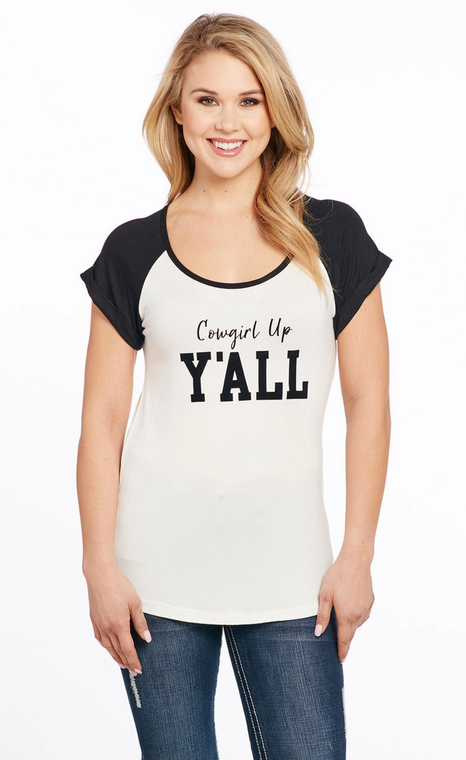 Cowgirl Up Womens Yall Flocked White Rayon S/S T-Shirt Camouflage Print