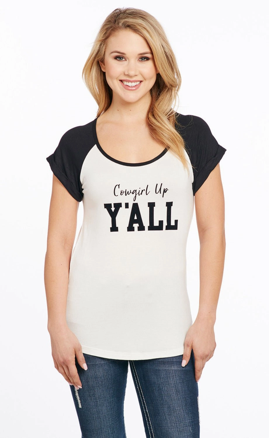 Retro Vibe Designer Touch Cowgirl Up Womens Yall Flocked White Rayon S/S T-Shirt