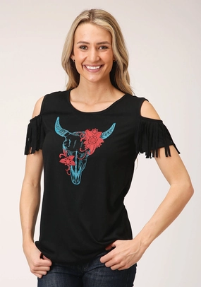 Versatile Design Roper Womens Black Poly/Rayon Cold Shoulder S/S Longhorn T-Shirt