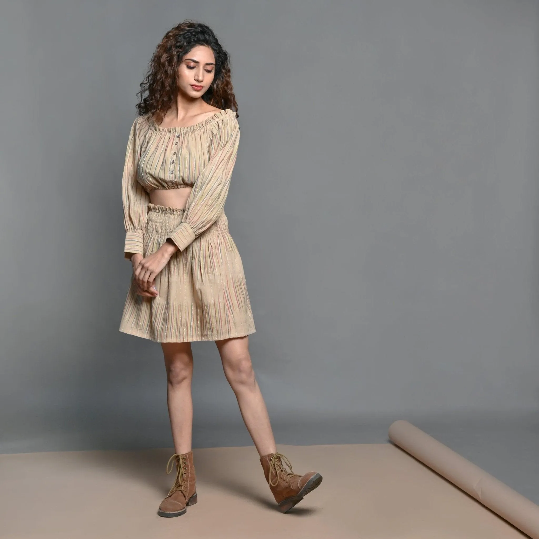 Convertible Beige Handwoven Cotton Elasticated Shirred Top Skirt