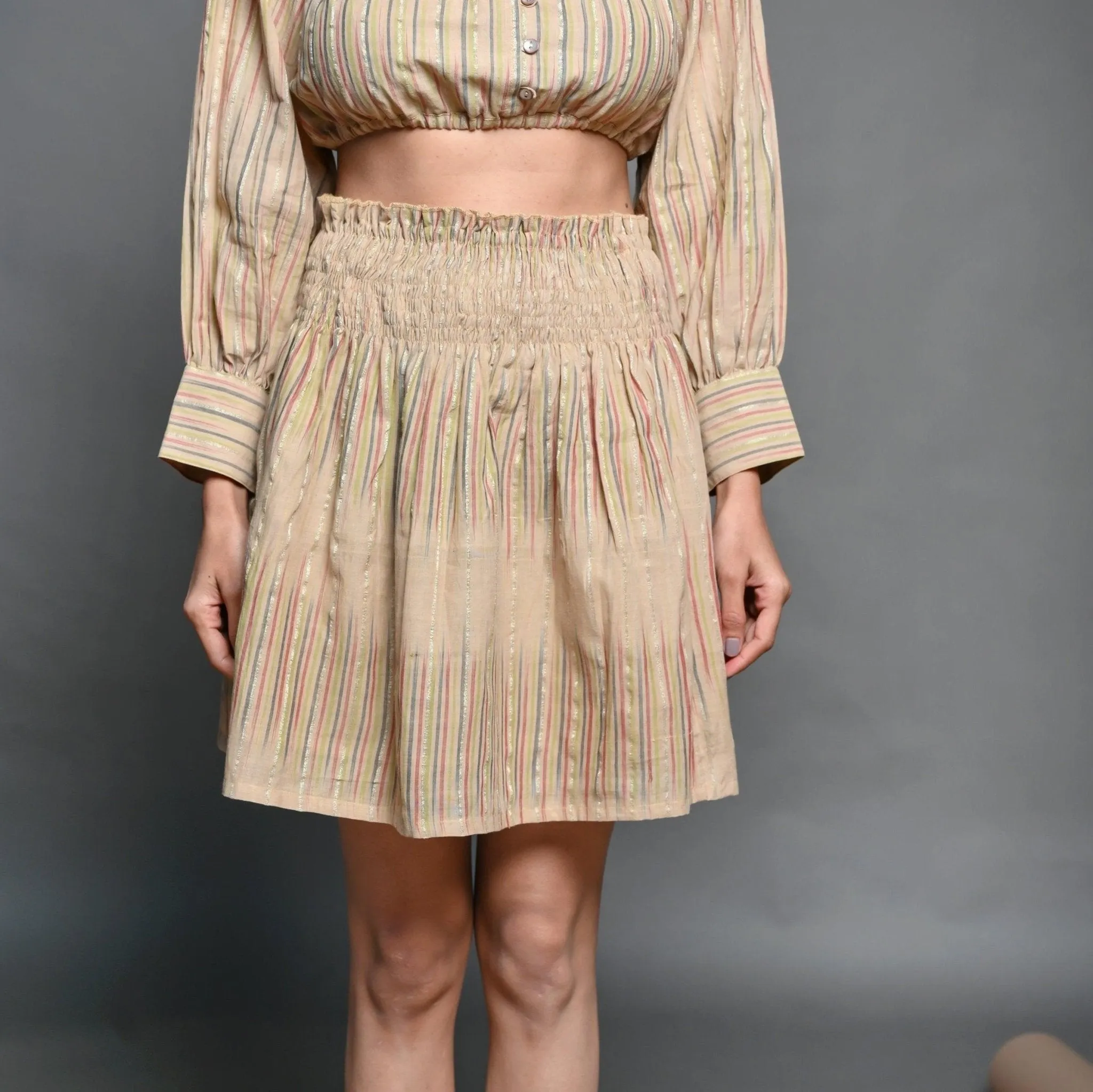 Convertible Beige Handwoven Cotton Elasticated Shirred Top Skirt
