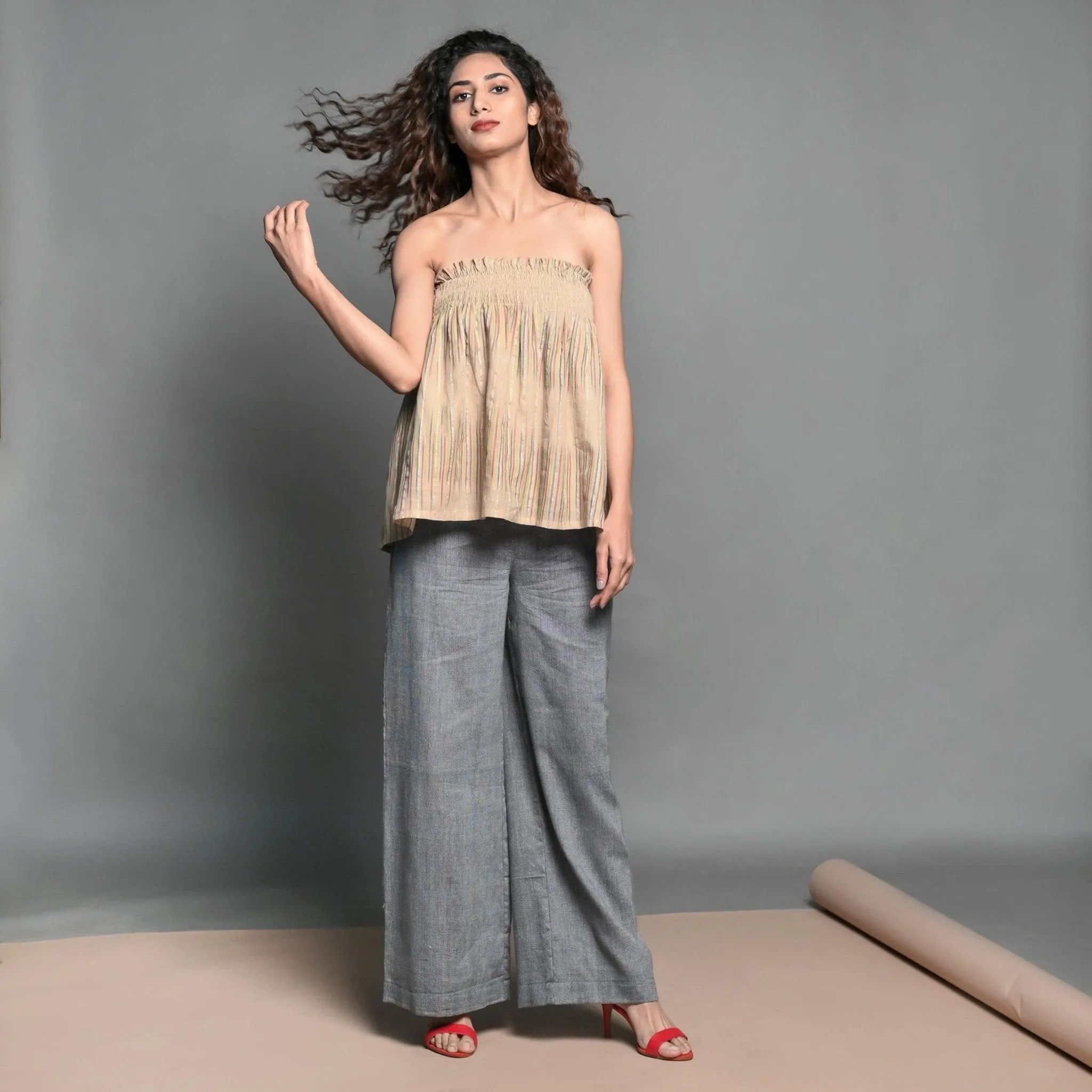 Convertible Beige Handwoven Cotton Elasticated Shirred Top Skirt