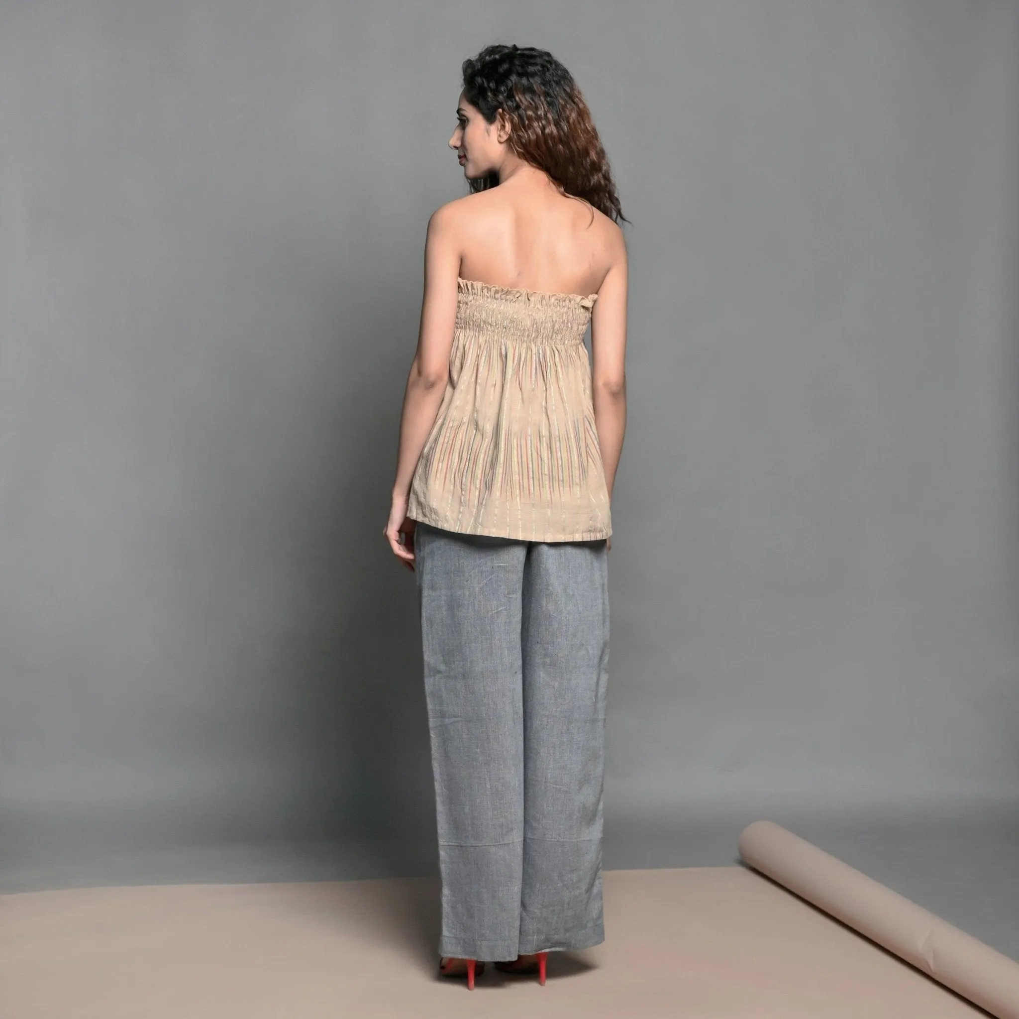 Convertible Beige Handwoven Cotton Elasticated Shirred Top Skirt
