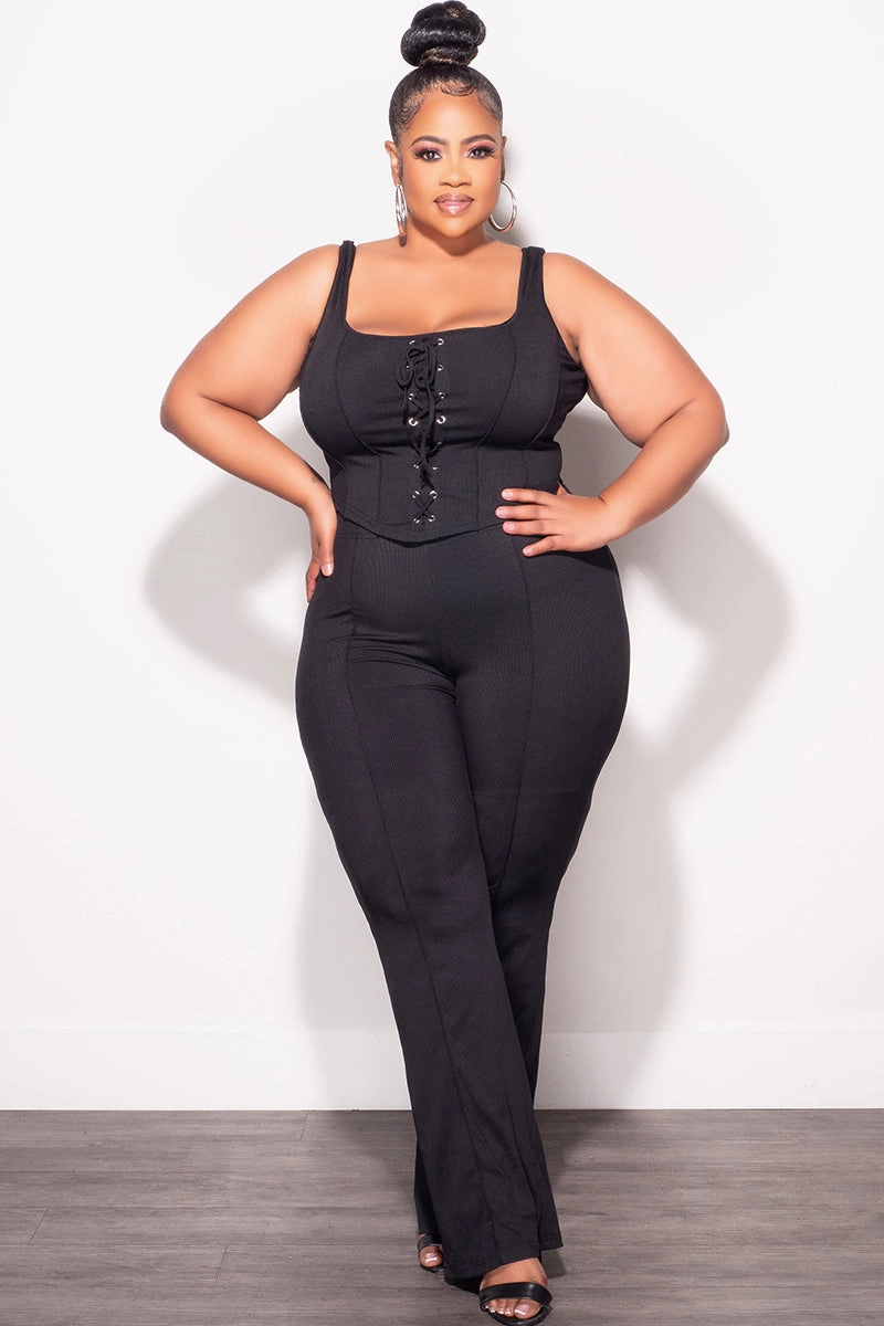 Layer-Friendly Travel Ready Fit Final Sale Plus Size Ribbed 2pc Sleeveless Lace Up Tank Top & Pants Set in Black