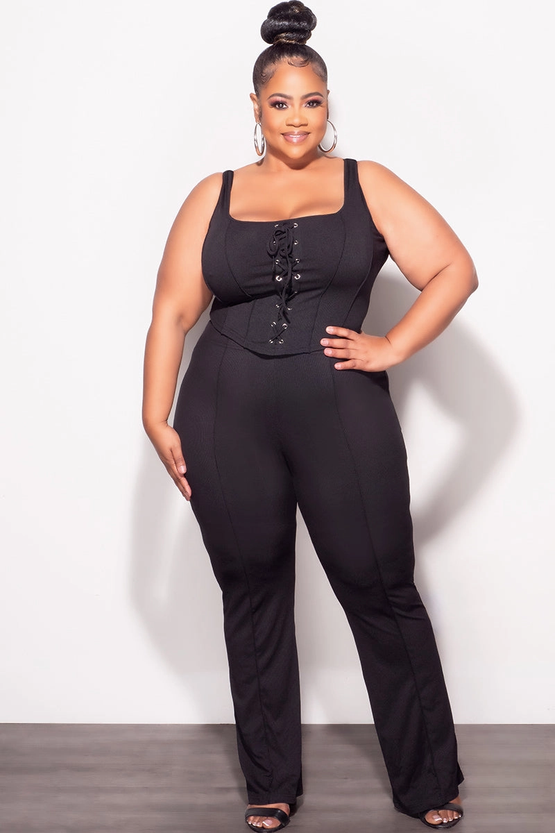 Low Maintenance Final Sale Plus Size Ribbed 2pc Sleeveless Lace Up Tank Top & Pants Set in Black