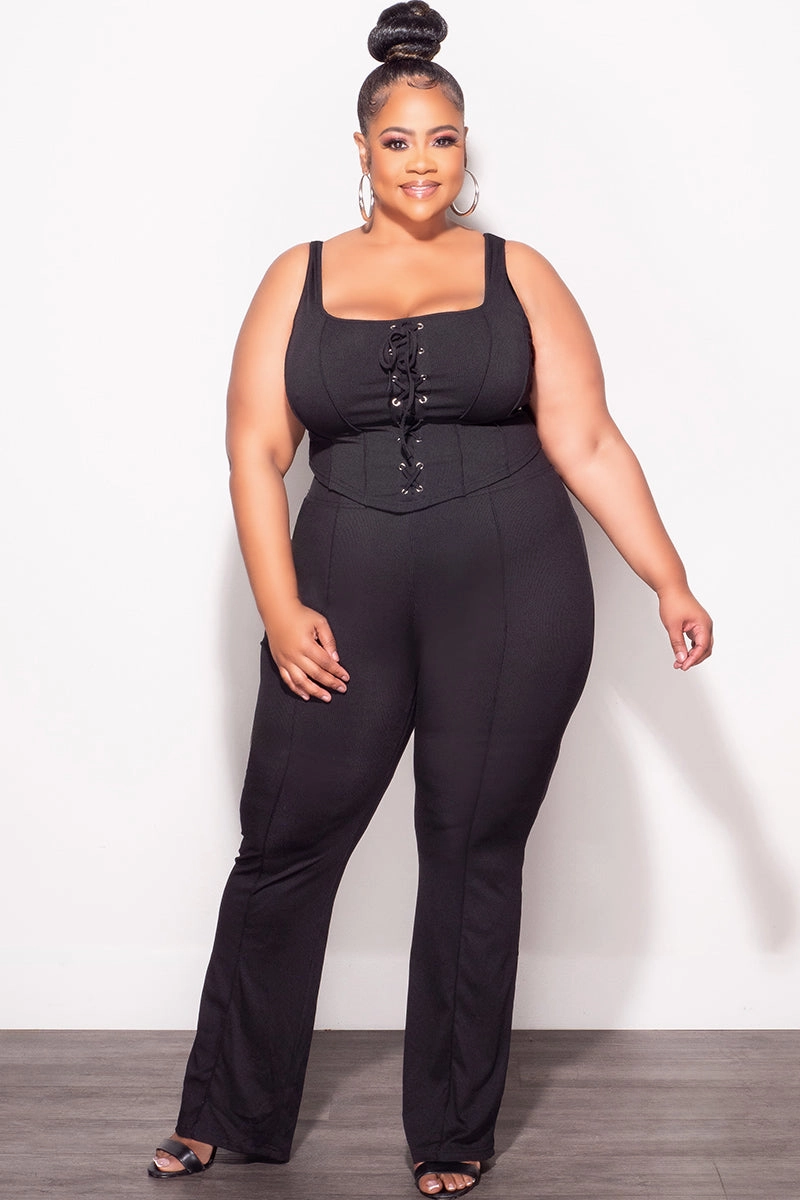 Final Sale Plus Size Ribbed 2pc Sleeveless Lace Up Tank Top & Pants Set in Black Perfectly Fit Layered Panel Design
