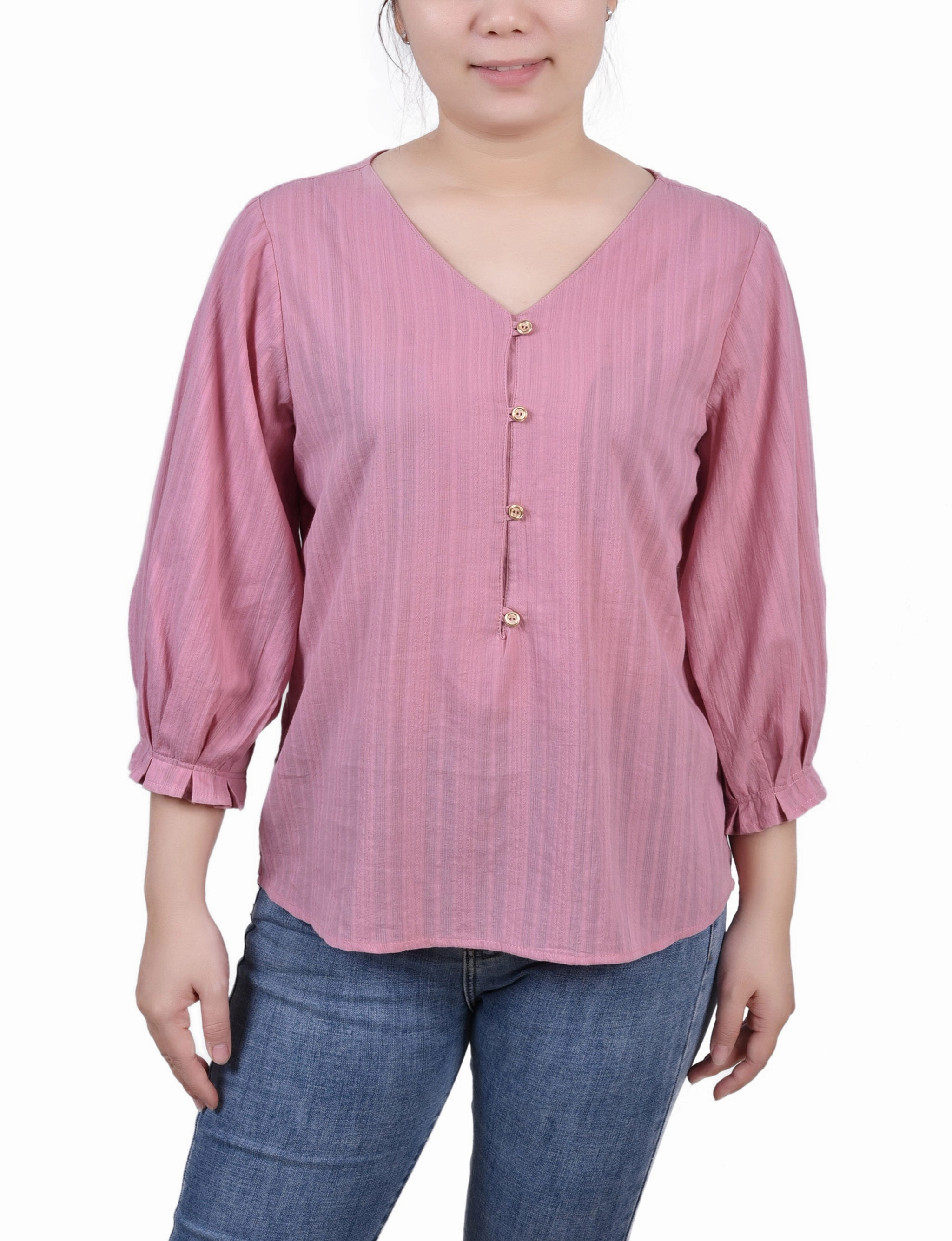 3/4 Sleeve Button Placket Jacquard Blouse TearResistantWeave