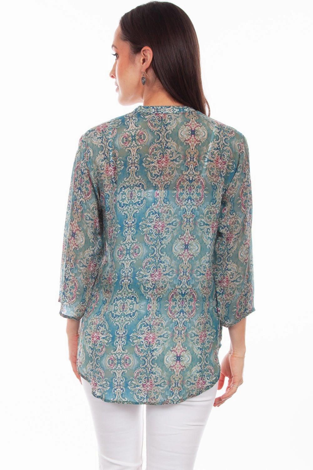 Scully Womens Turquoise Rayon Classic Print S/S Blouse Versatile Layering Piece