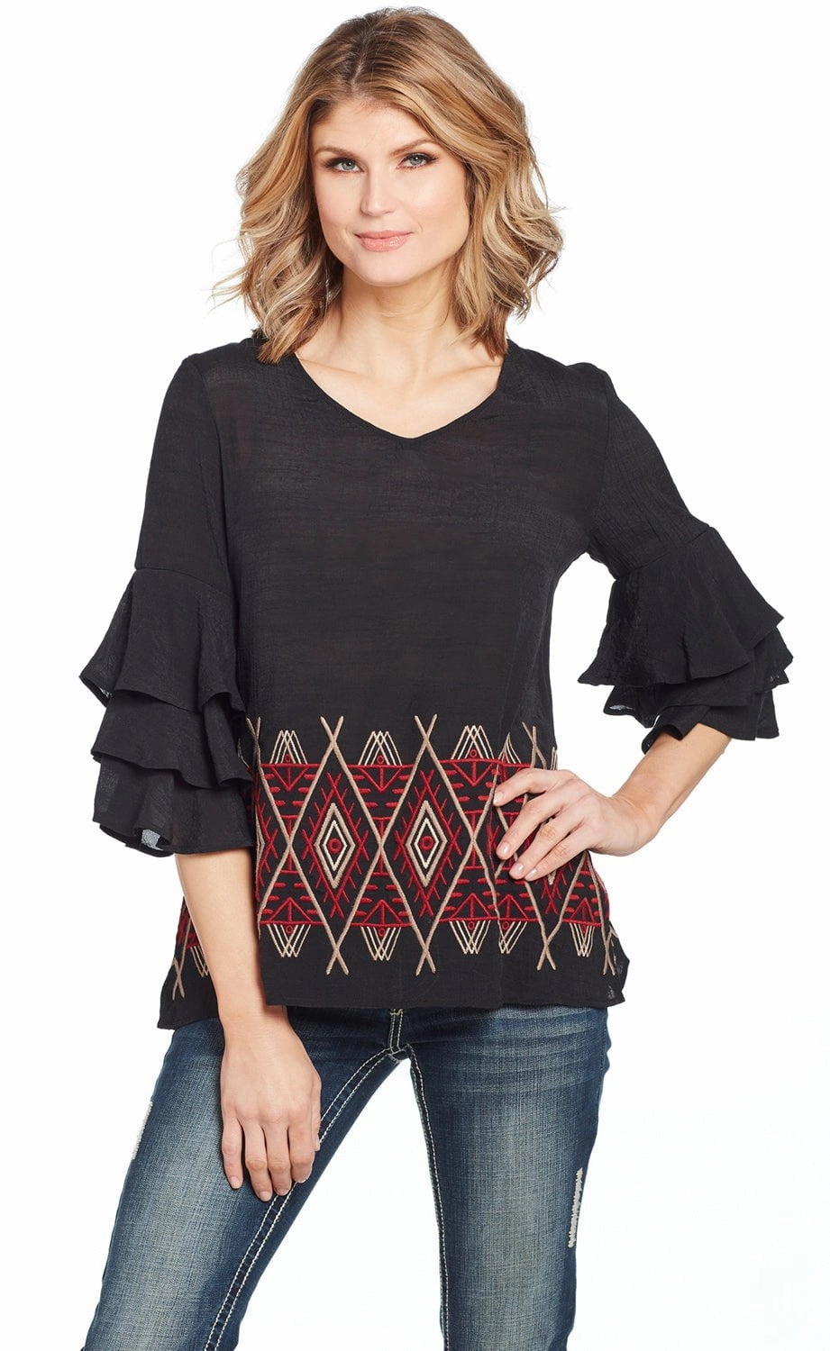 Essential Piece Fast Drying Cowgirl Up Womens Black/Red Rayon Geometric Ruffle Blouse S/S