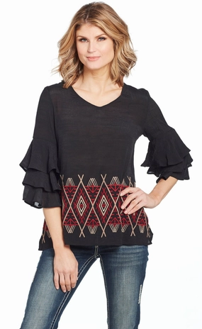 Essential Piece Fast Drying Cowgirl Up Womens Black/Red Rayon Geometric Ruffle Blouse S/S