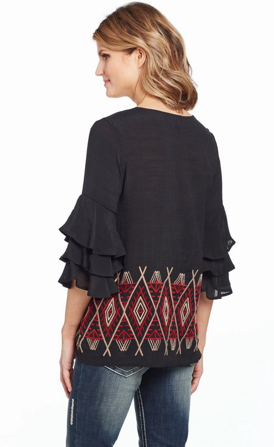 Cowgirl Up Womens Black/Red Rayon Geometric Ruffle Blouse S/S Polished Finish Flatlock stitching