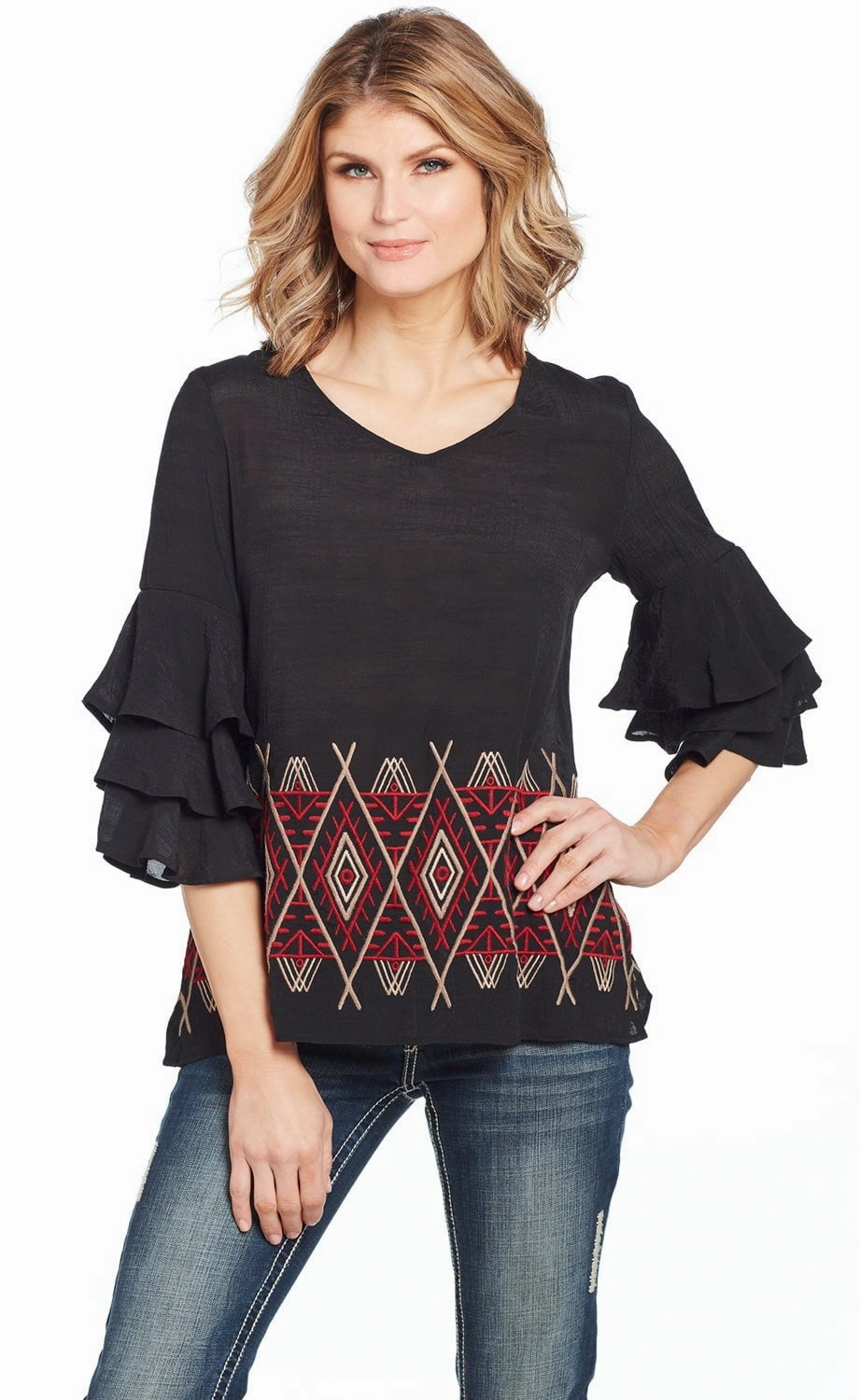 Cowgirl Up Womens Black/Red Rayon Geometric Ruffle Blouse S/S Fashionable Comfort Multipocket Style