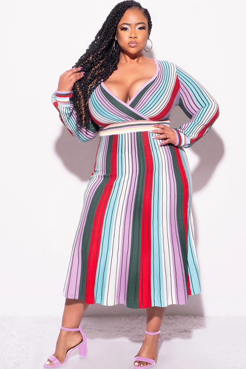 Final Sale Plus Size Knit Sweater Dress  Multi Color Stripe Print Day Comfort Form Fit Comfort