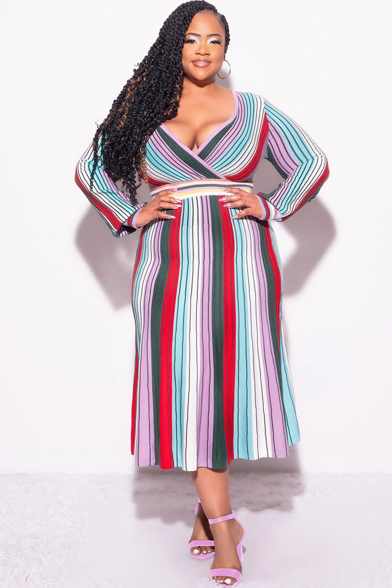 Final Sale Plus Size Knit Sweater Dress  Multi Color Stripe Print Unrestricted Movement Quick Access Pockets