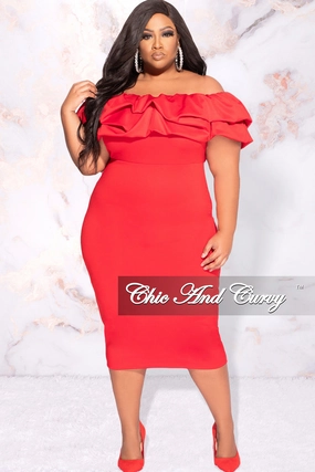 AntiSnagZippers Final Sale Plus Size Off the Shoulder Ruffle BodyCon Dress in Red