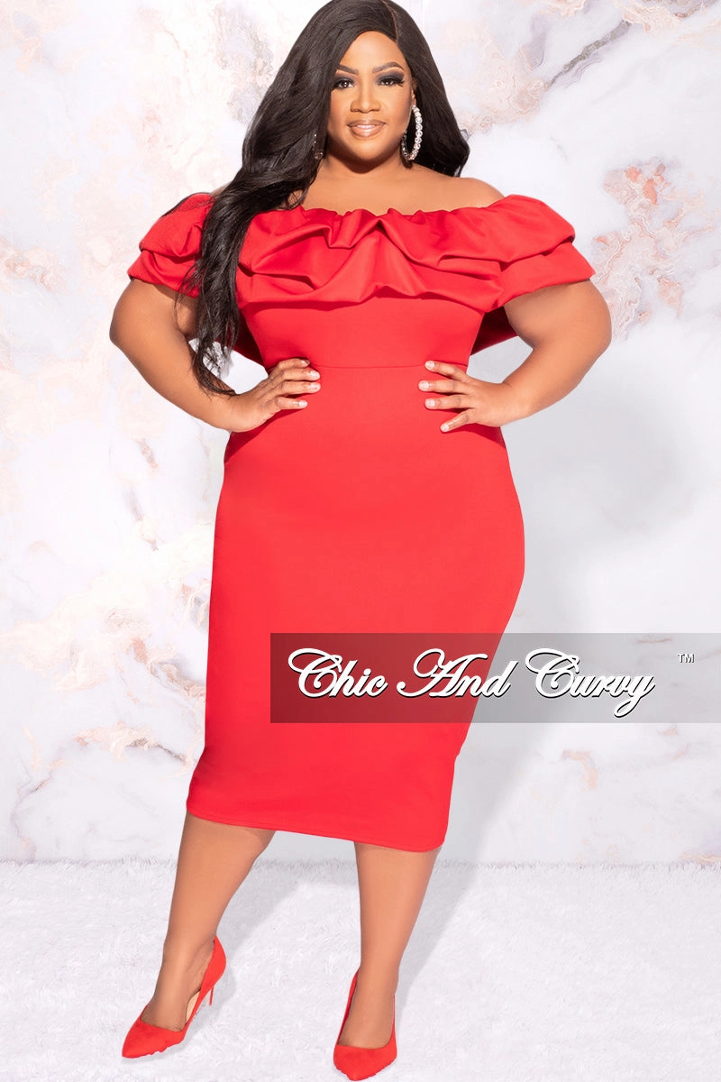 Final Sale Plus Size Off the Shoulder Ruffle BodyCon Dress in Red High Stretch Fit